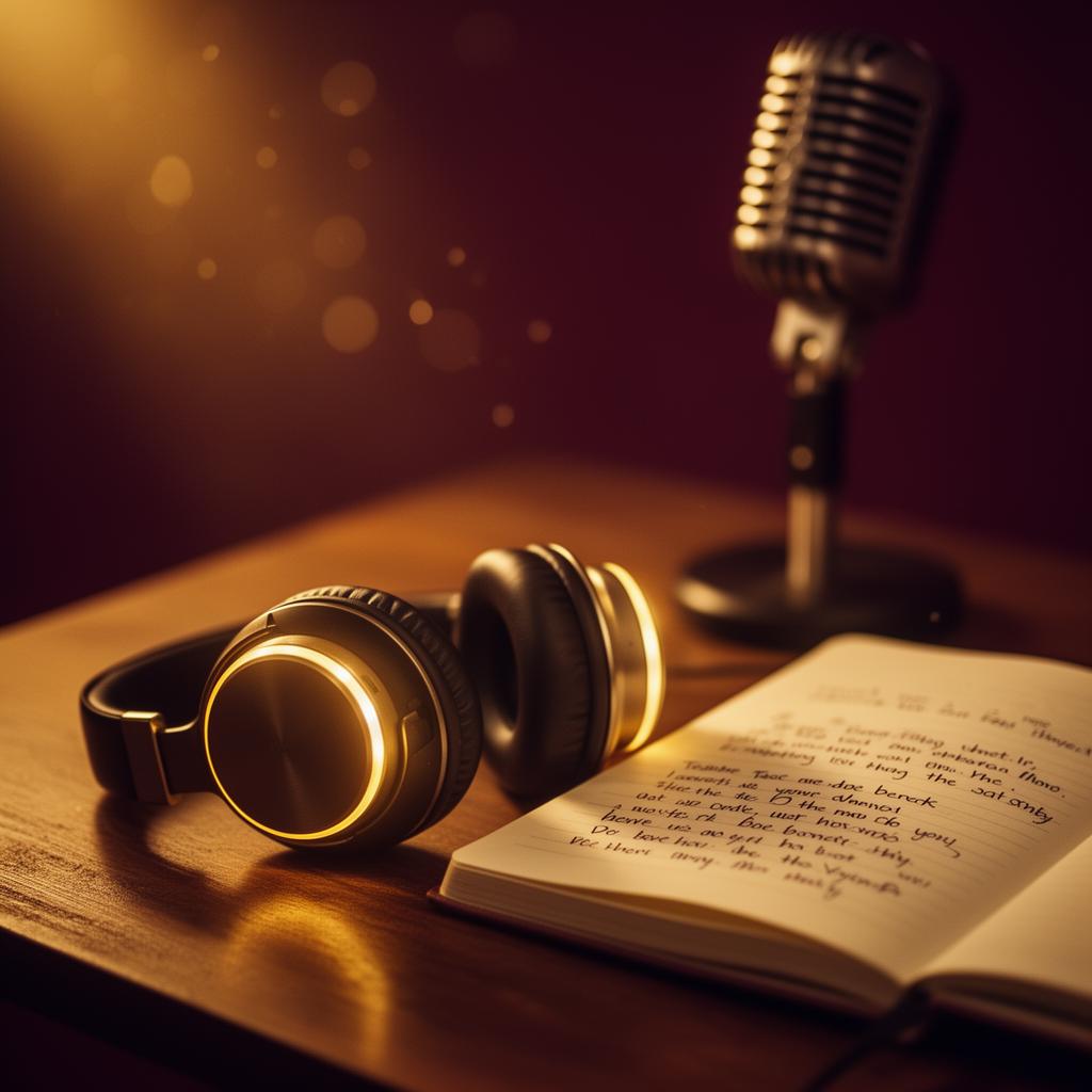 Fones, microfone e caderno com letras de música em luz quente